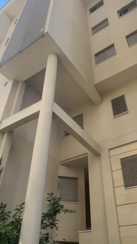 חזית בניין מגורים עם פתחים סגורים ברשת נגד יונים